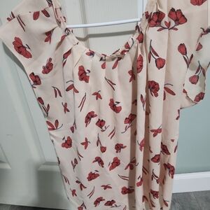 LC Lauren Conrad Cream Blouse with Red Floral Design